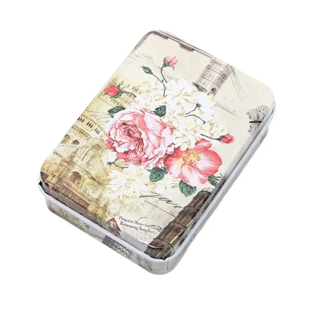 boîtes métalliques multicolores motifs vintage réutilisables rangement accessoires cosmétiques élastiques moderne respectueux environnement