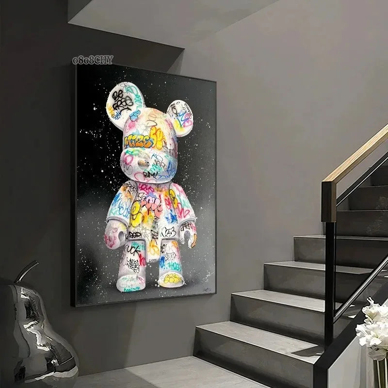 affiche moderne graffiti ours kawaii street art multicolore toile imprimée chambre decoration