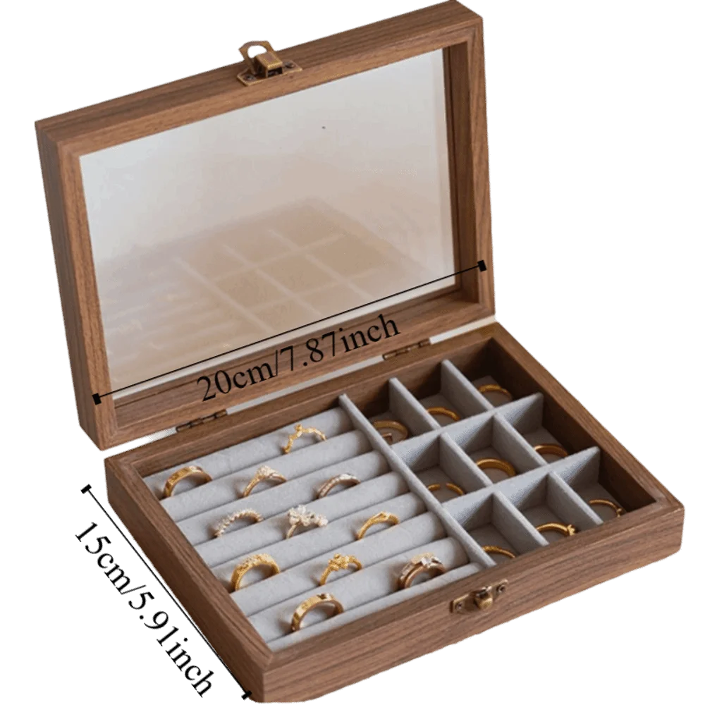 boîte bijoux bois marron velours beige couvercle verre transparent anneaux boucles d'oreilles colliers poignées
