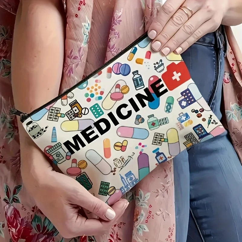 Sac maquillage moderne motif médicaments fermeture éclair blanc multicolore grand espace intérieur