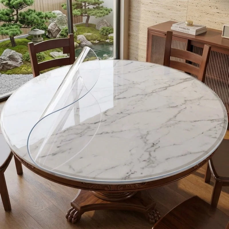 protège table ronde transparent bord bleu imitation marbre moderne durable pvc 140cm 150cm