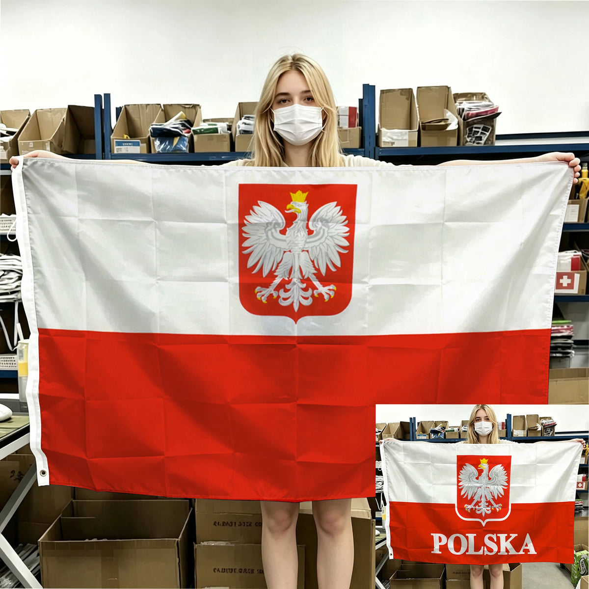 drapeau polonais aigle stylisé polska blanc rouge polyester dimensions 120x180cm 90x150cm decoration murale classique