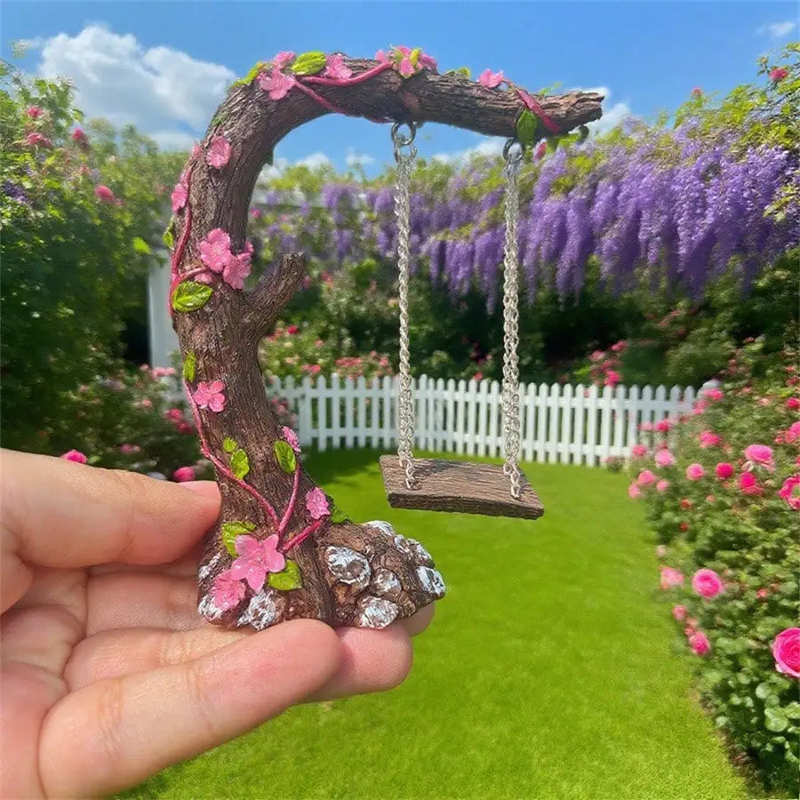 décoration extérieure balançoire miniature résine artisanale fleurs naturelles jardin pastoral
