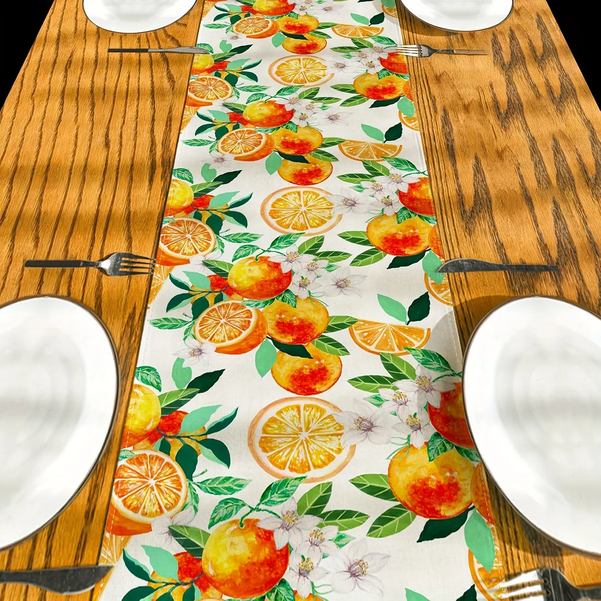 nappe lin motif oranges fleurs blanches feuilles vertes deco table rustique orange blanc vert