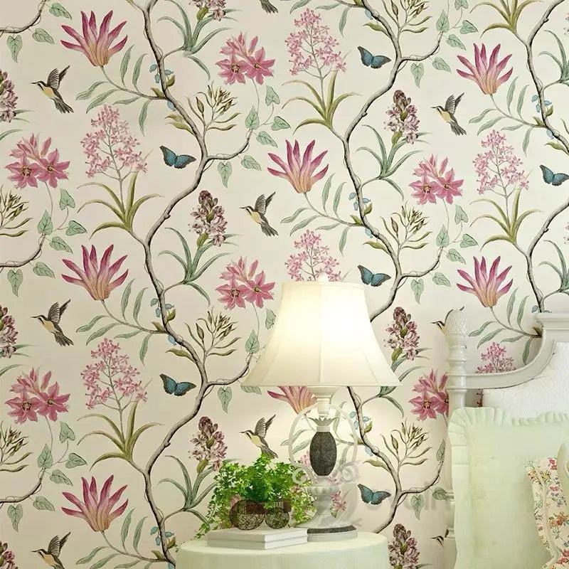 papier peint fleurs oiseaux adhésif vinyle pvc classique romantique beige rose vert bleu gris