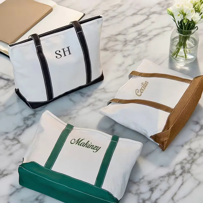 sac main moderne toile brodé doux poignées détachables blanc bleu marron vert rose