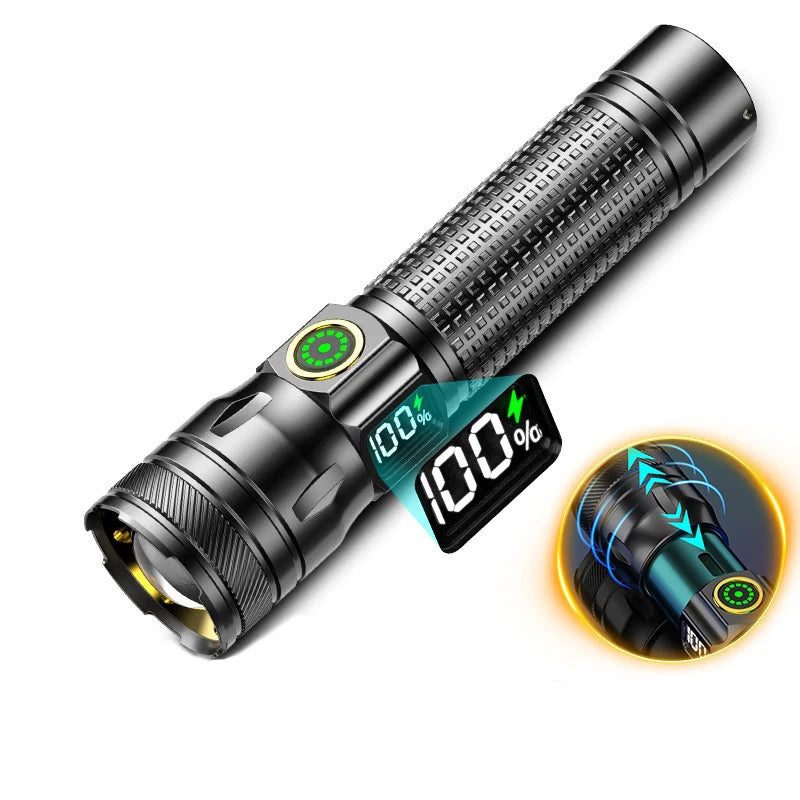 lampe torche rechargeable led 20w anti dérapante écran affichage 500mètres moderne noire recharge usb