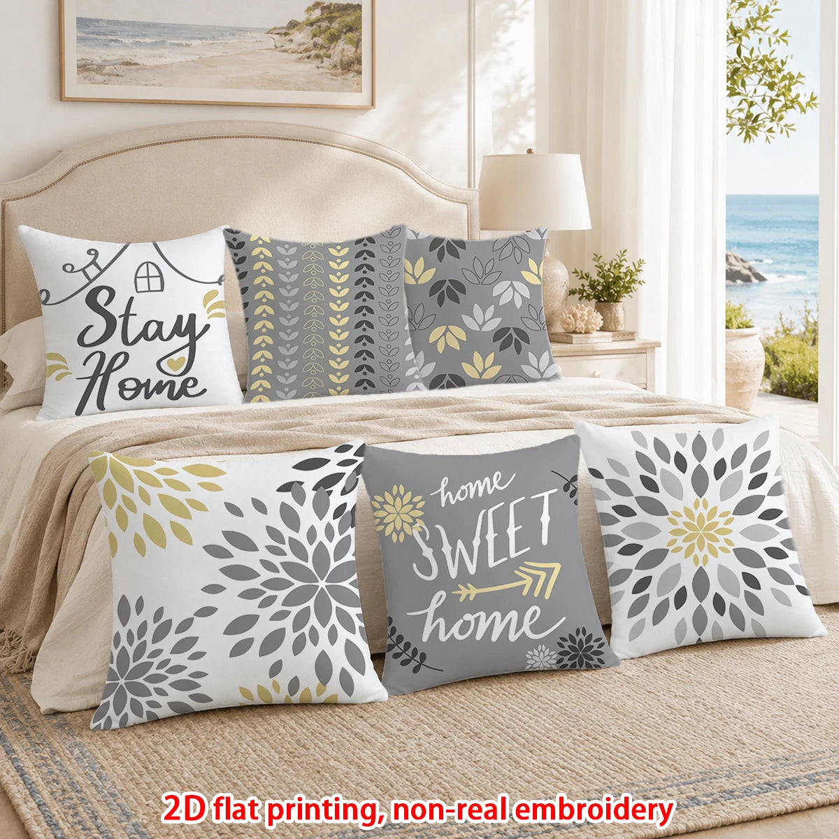 lot housses coussin décoratives gris jaune motif floral moderne canapé chambre