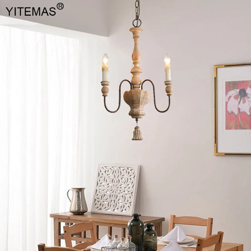 lustre vintage rustique bois naturel métal noir trois lumières suspension entrée couloir