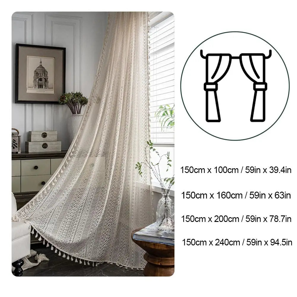 rideau boho chic crocheté motifs géométriques beige translucide pompons 150x100cm 150x160cm 150x200cm 150x240cm
