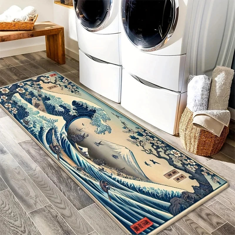 tapis bleu beige illustration vague art japonais traditionnel anti dérapant intérieurextérieur