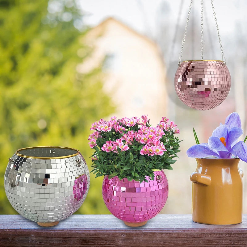 boule disco suspendue pot fleur décoratif moderne chaîne plante d'intérieur