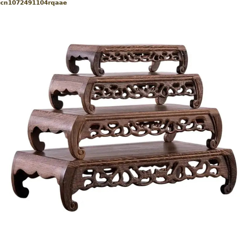support plantes bois sculpté artisanal marron décoration jardin traditionnelle stand fleurs pots miniatures