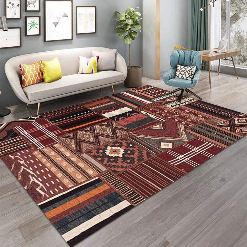 tapis boho ethnique géométrique moderne polypropylène polyester patchwork rouge marron noir beige bleuextérieur chambre