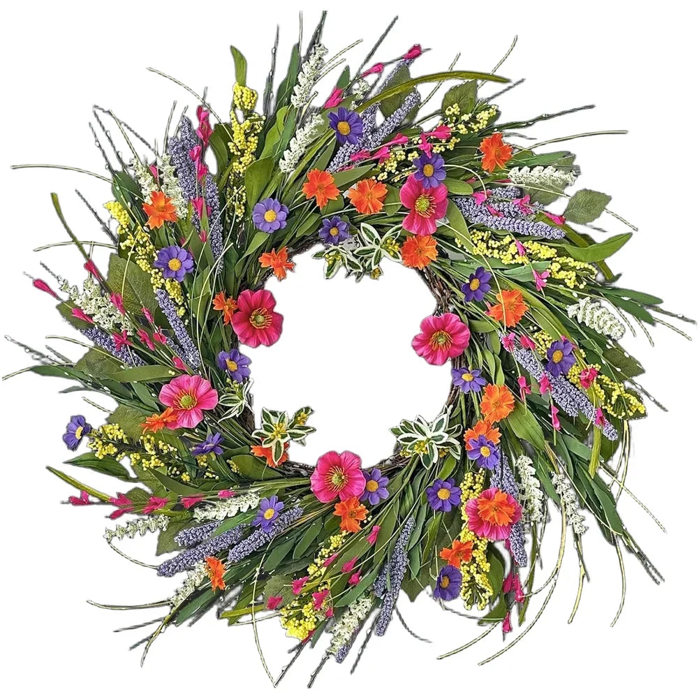 décoration murale couronne florale printemps couleurs vives champêtre papillons inclusintérieur accrochage bouclemétallique