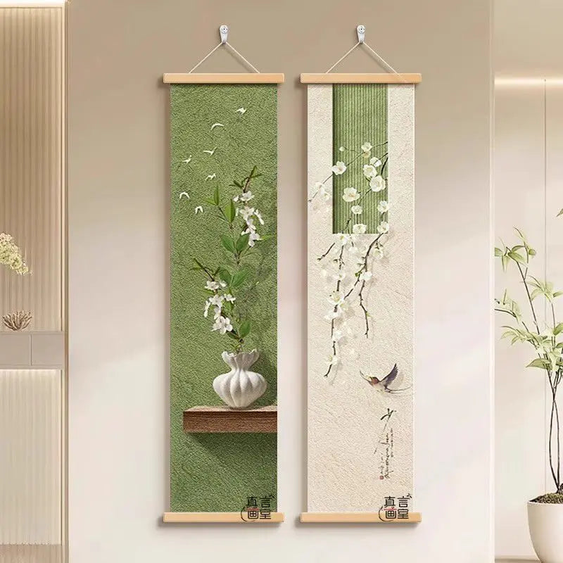 cadre mural suspendu paysage japonais fleurs blanches branches vertes oiseau noir texte chinois verte