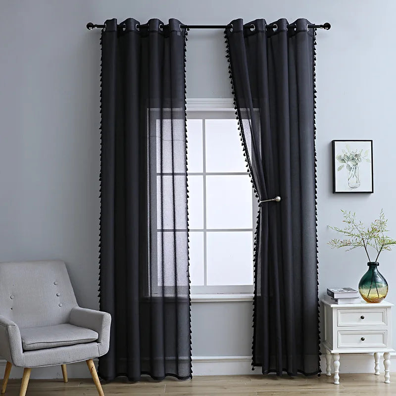 rideaux noir gris blanc bohème moderne pompons bord inférieur tringle translucides polyester chambre salon