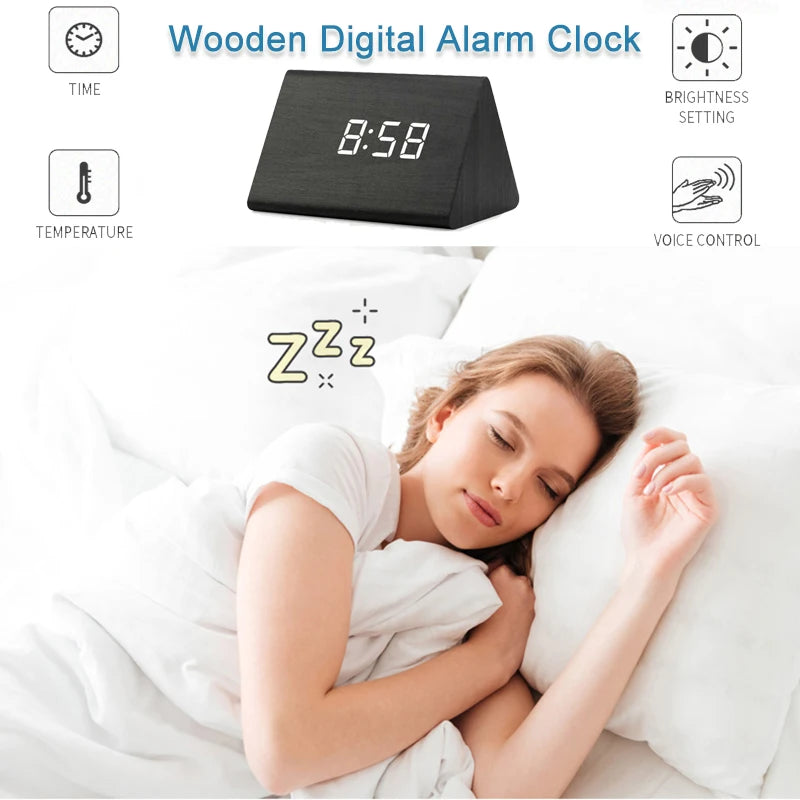 horloge numérique bois naturel affichage led date heure température moderne minimaliste
