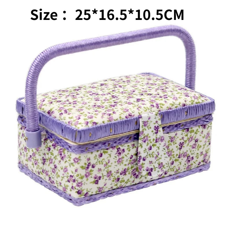 boîte couture rose clair rangement couture tissu imprimé poignée bois sac aiguilles européen doré