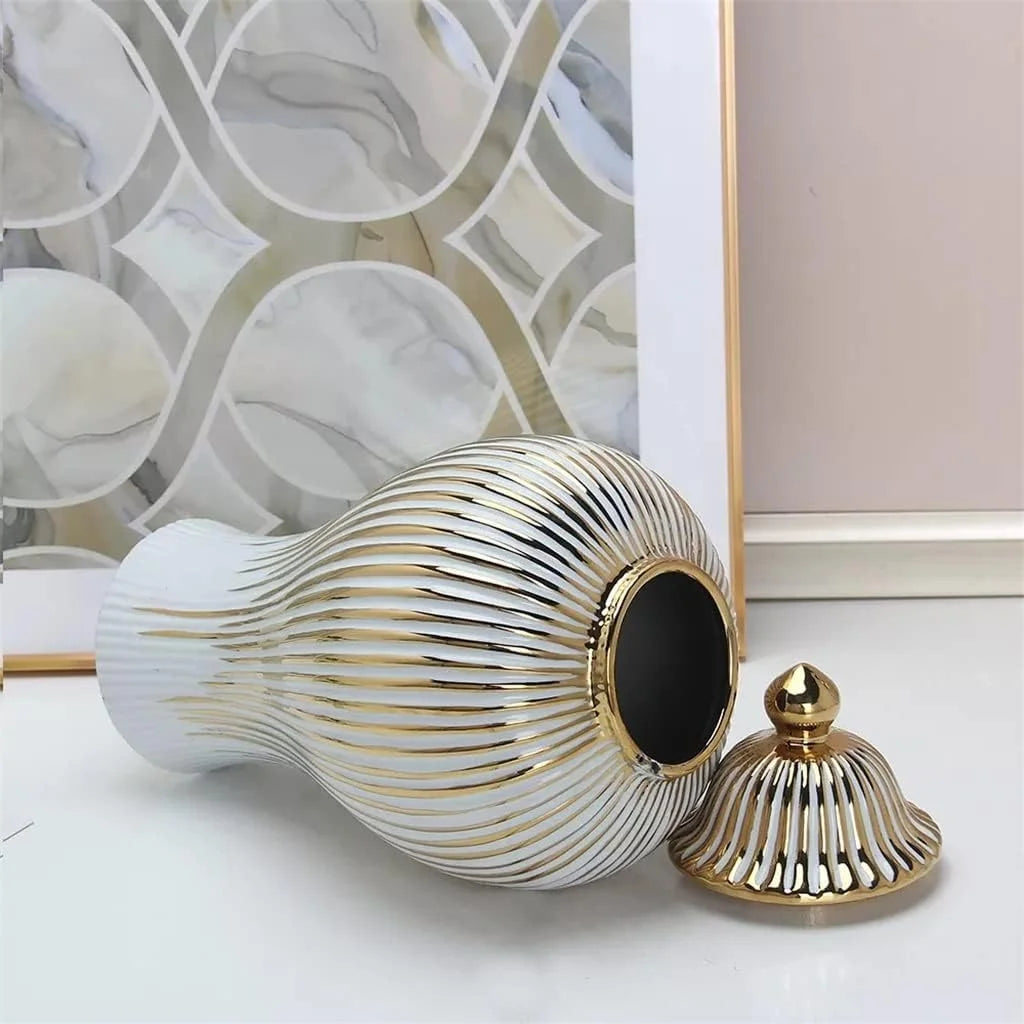 vase blanc doré rayures verticales moderne élégant couvercle décoration maison