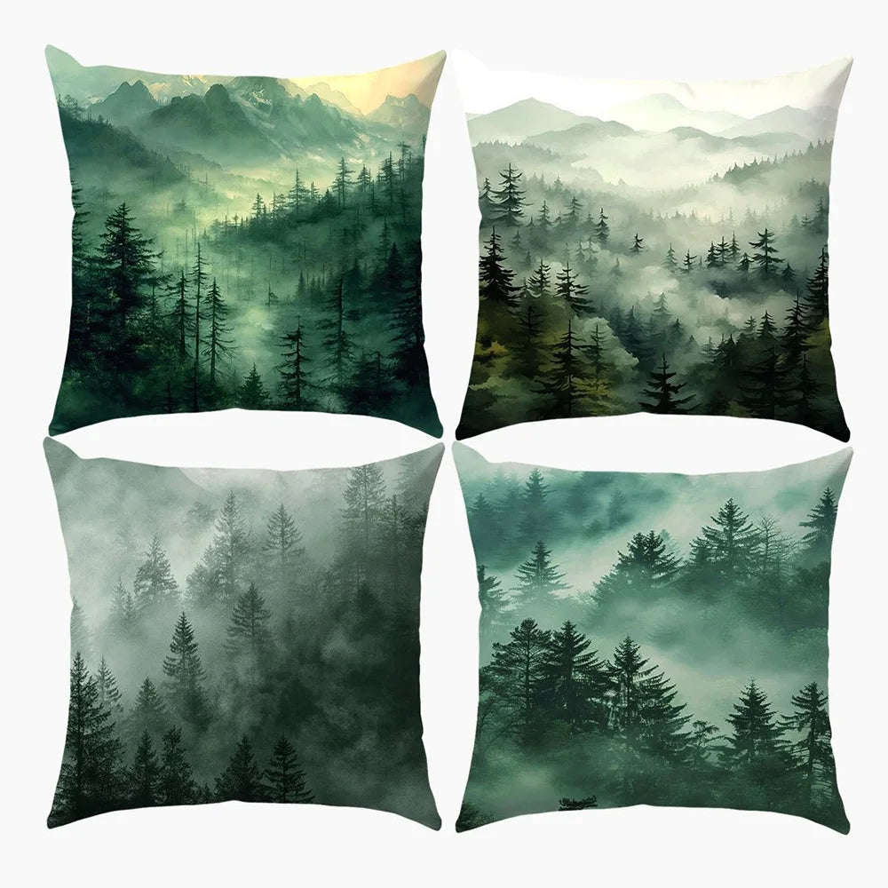 taies d'oreiller imprimées forêt brumeuse polyester peacheskin 40x40cm 45x45cm 50x50cm 60x60cm zip closure naturel