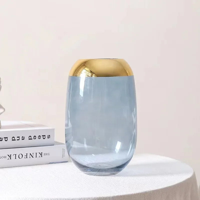 vase transparent moderne fleurs artificielles bleu doré élégant bouche vase 10cm largeur 16cm hauteur