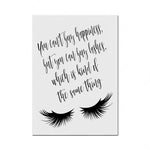 Cette image représente une illustration de cils de femme accompagnée d'un texte motivant et positif en anglais.