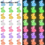figurines lapins lumineuses miniatures opalescentes bleu vert jaune rose violet