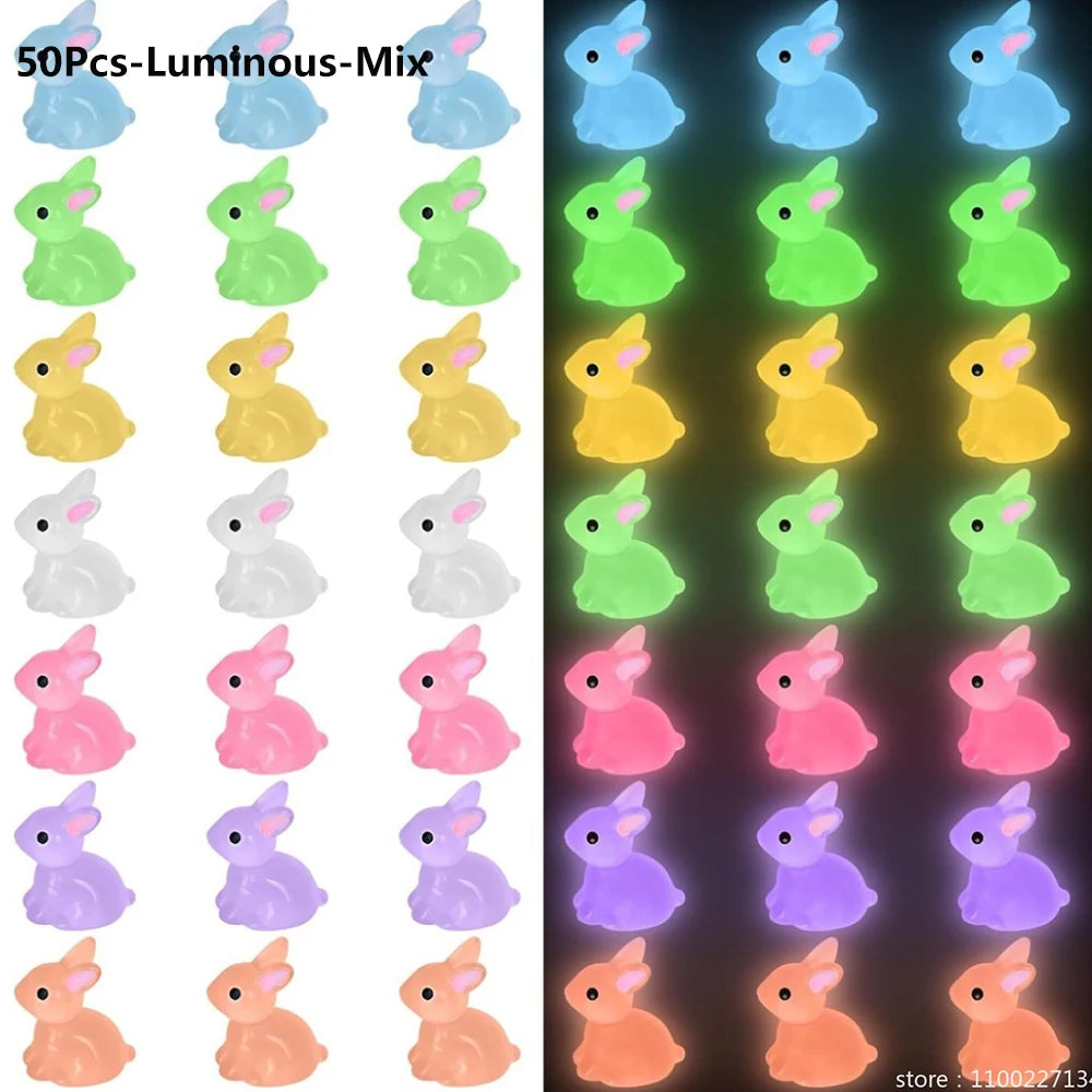 figurines lapins lumineuses miniatures opalescentes bleu vert jaune rose violet
