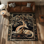 tapis art nouveau dragon stylisé bleu noir vert arbre fleurs moderne salon chambre