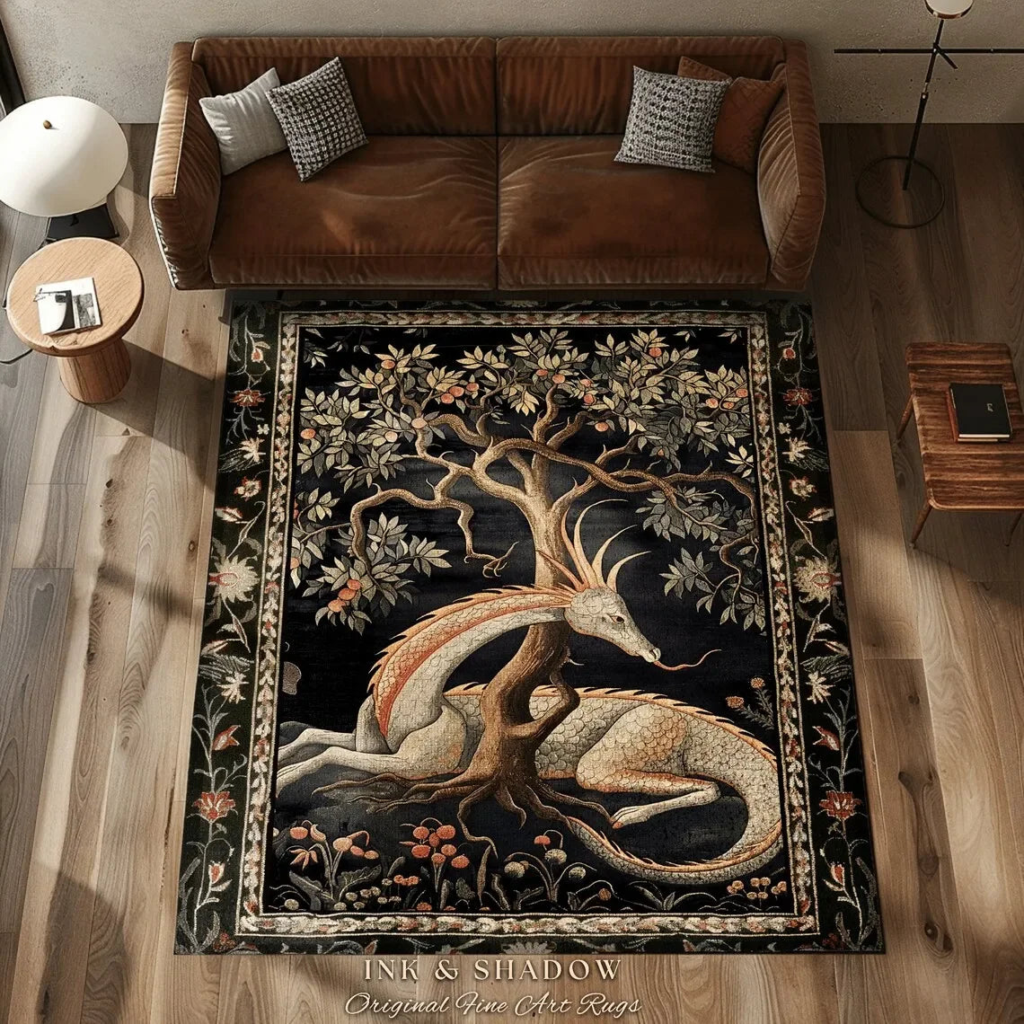 tapis art nouveau dragon stylisé bleu noir vert arbre fleurs moderne salon chambre