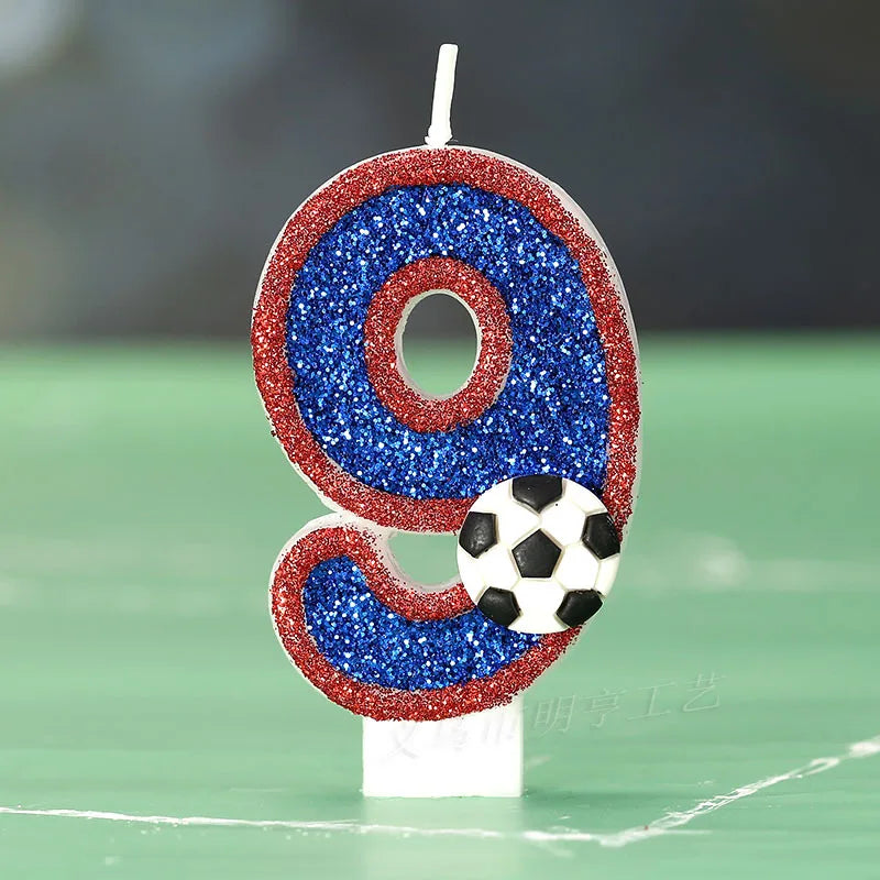 bougies numériques forme chiffres pailletées football bleu rouge blanche décoratives anniversaire sport thème tringle