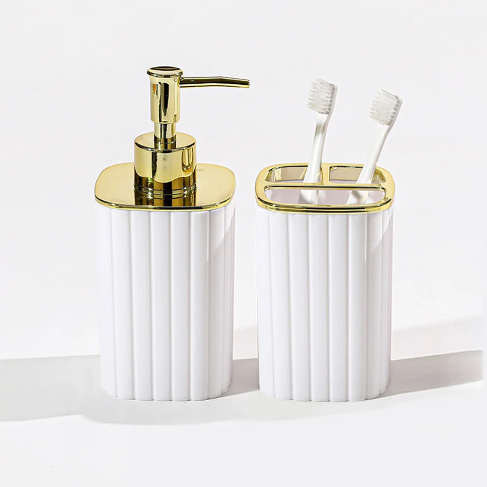 porte brosses dents distribiteur savon moderne noir or blanc or texturé vertical salle bain
