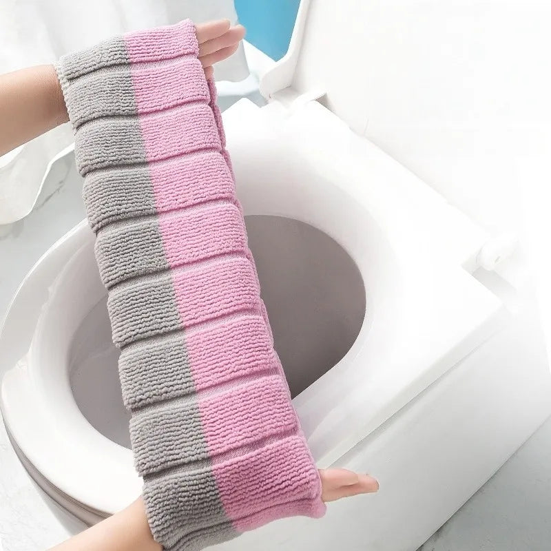 couvre siege toilette gris rose vert rayures horizontales doux confortable adhésif peluche coton