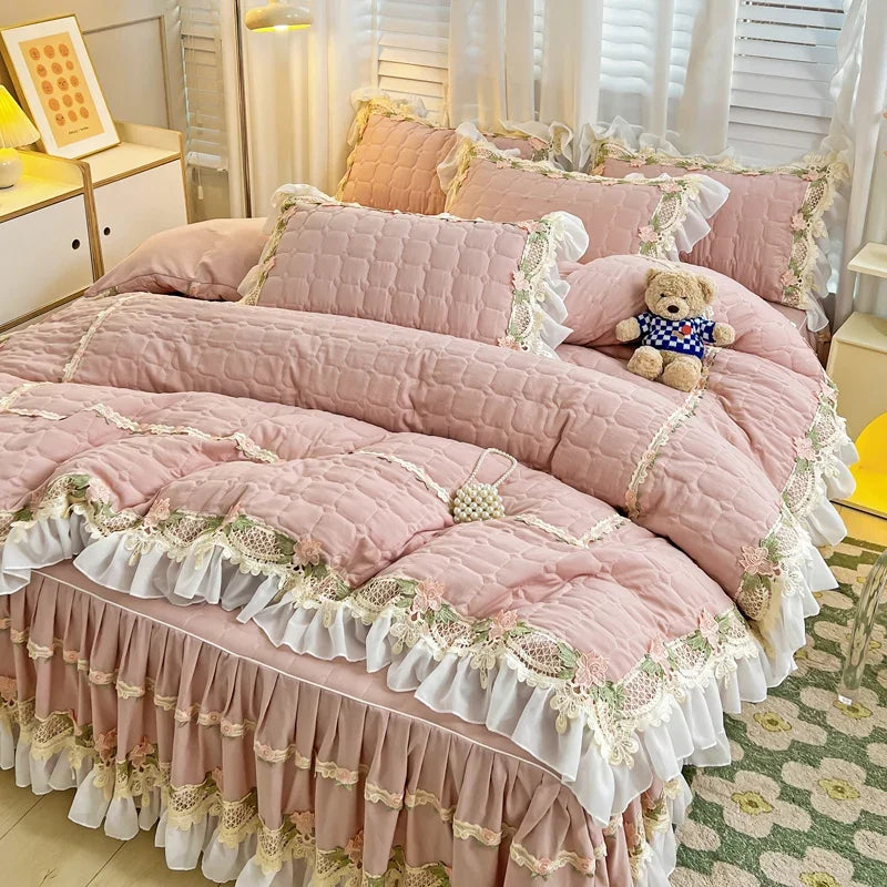 housse couette coton rose dentelle fleurs romantique blancs deux taies oreillers drap lit volants