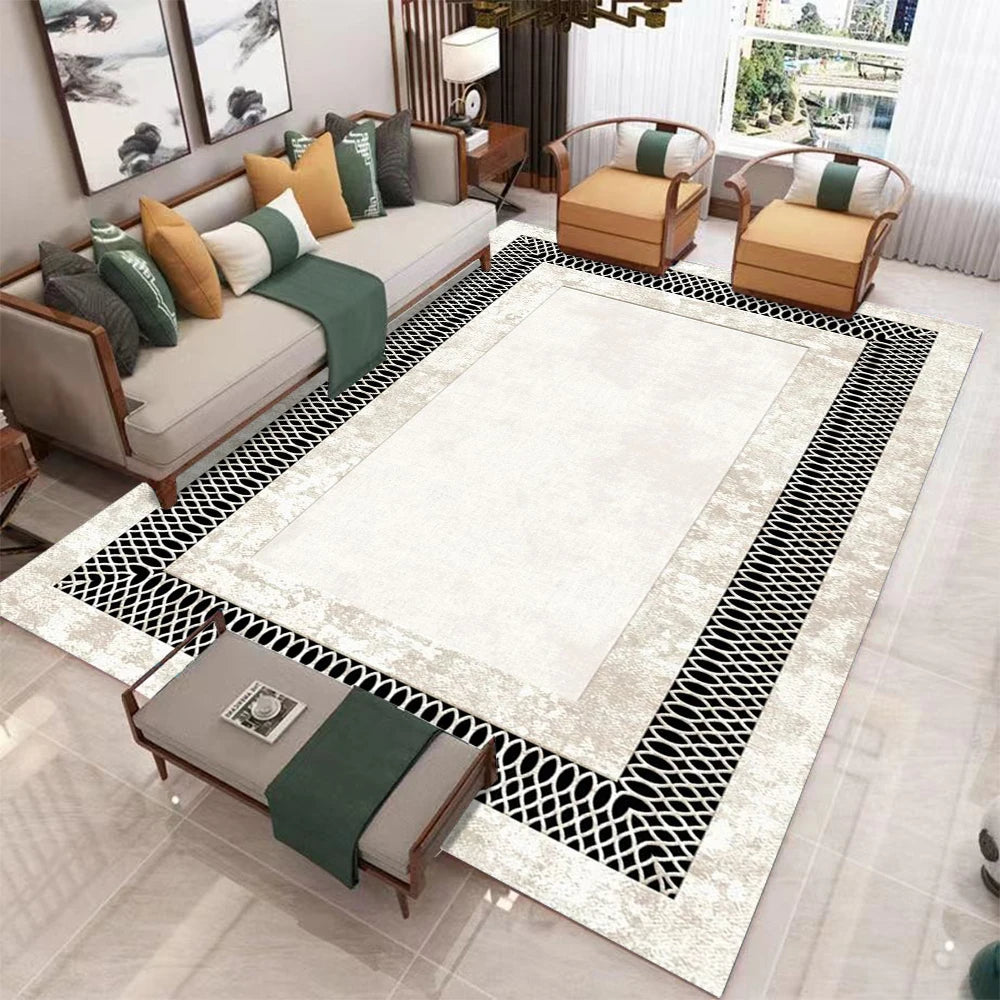 tapis salon moderne noir blanc motif géométrique doré luxe décoration maison chambre élégant