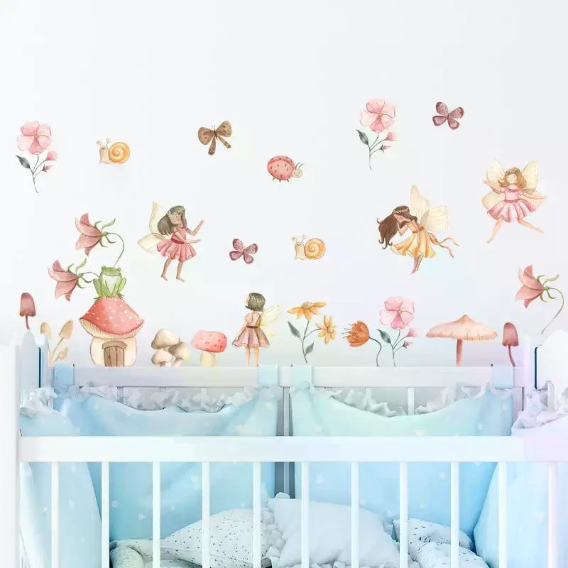 sticker mural decoratif feerie enfantine pastel fees maisonnette champignon fleurs papillons