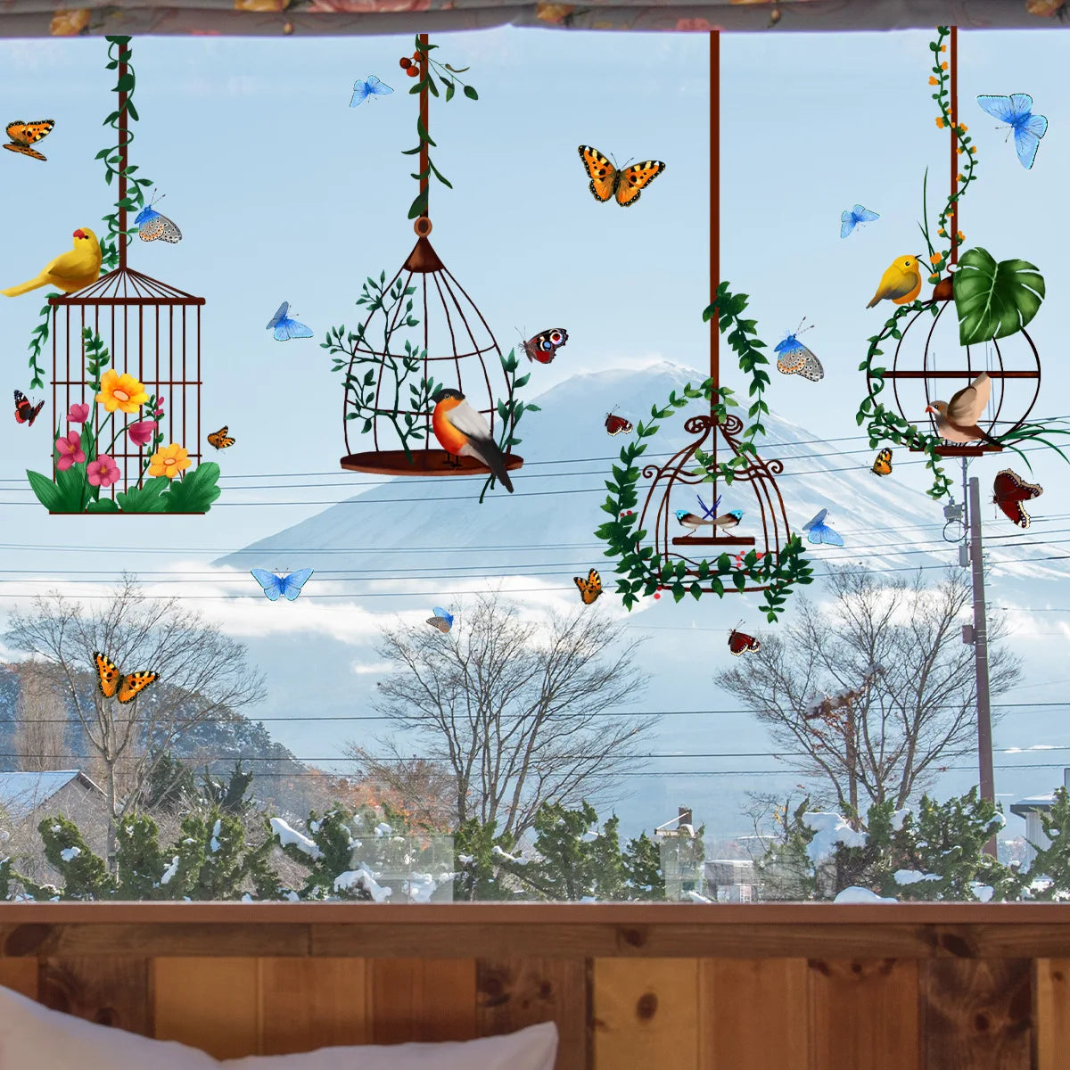 stickers décoratifs fenêtres cages oiseaux fleurs papillons naturels transparents verte rouge bleue