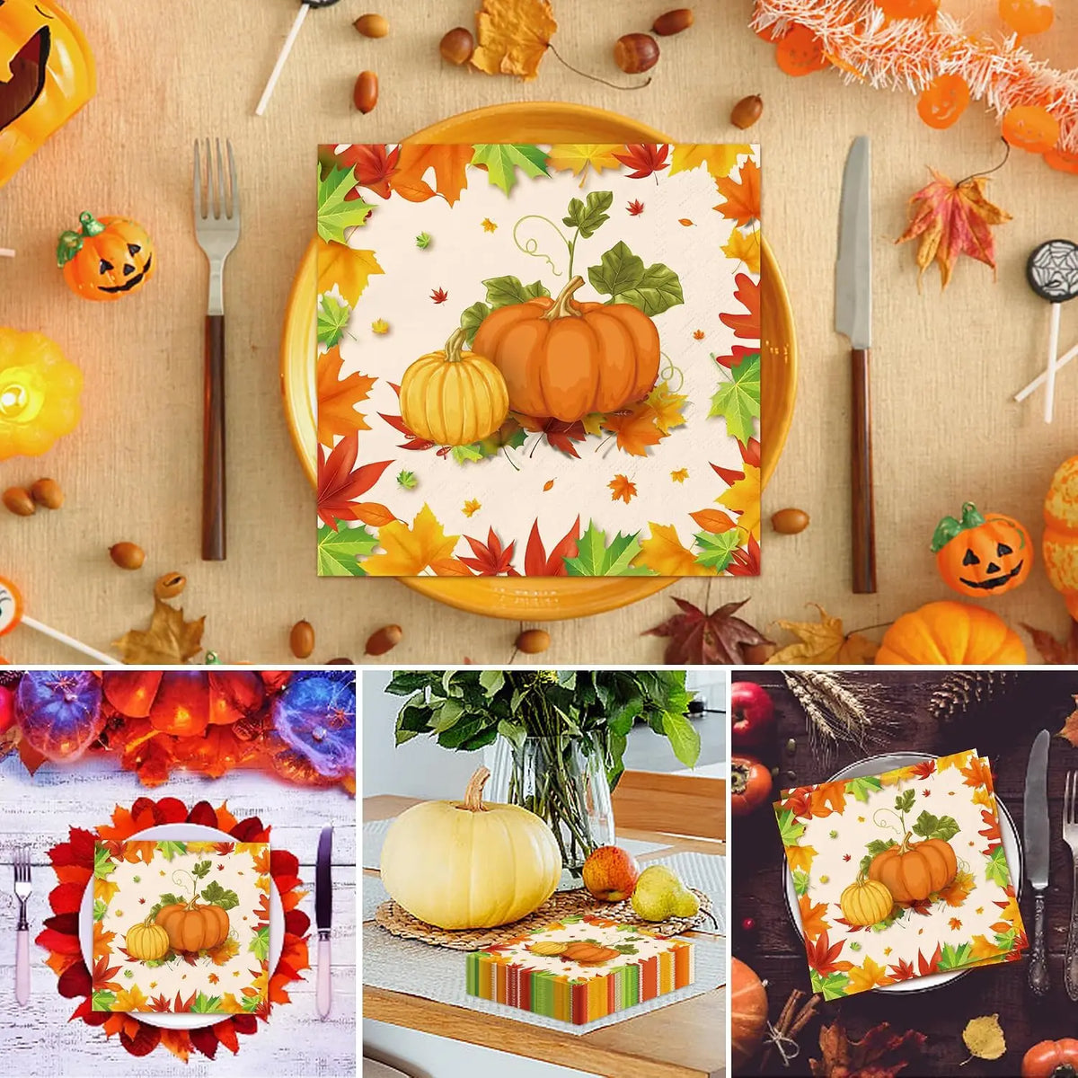 serviettes table automnales feuilles citrouilles motifs floraux orange jaune rouge beige pack 20 pack