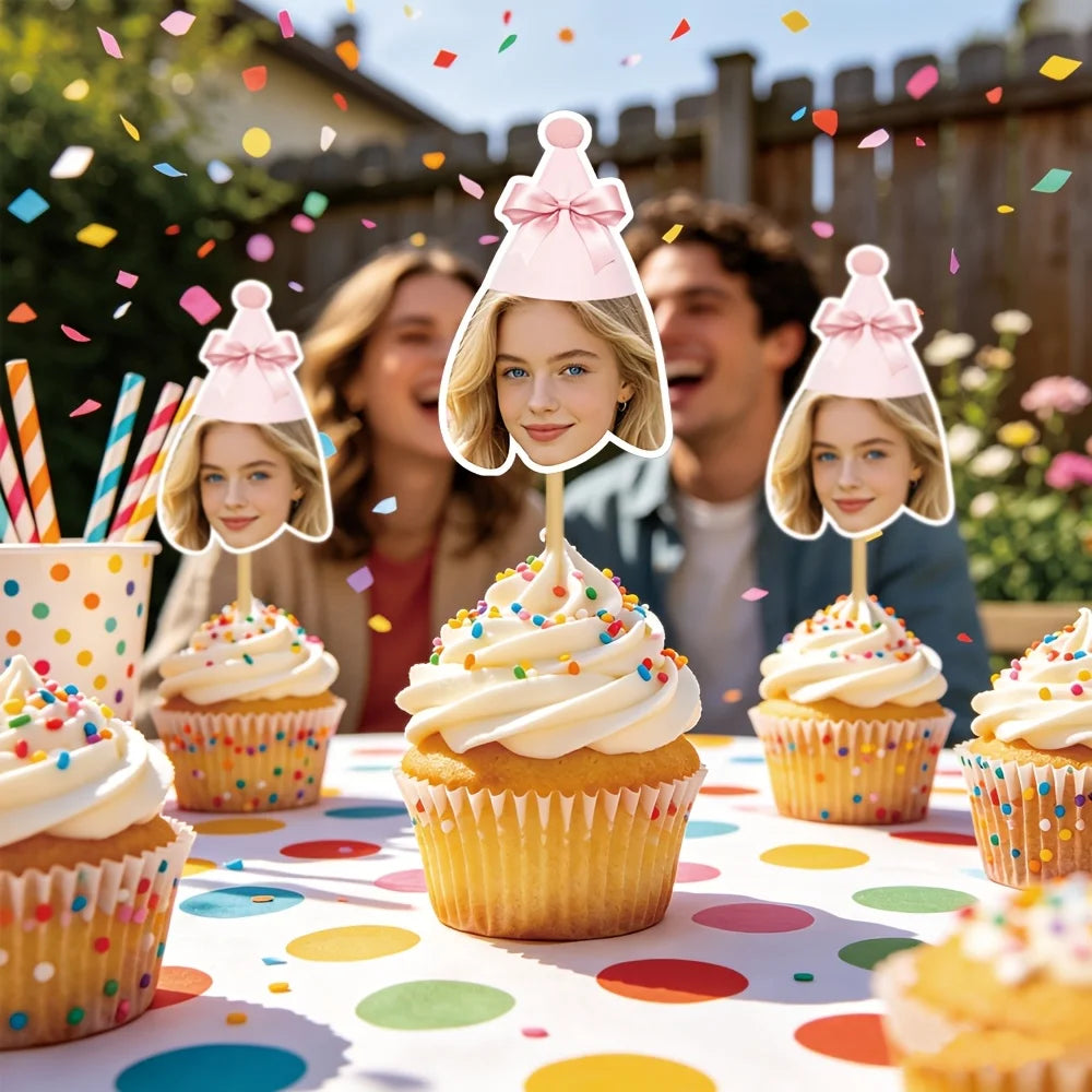 décorations anniversaire toppers cupcake personnalisables chapeau fête portrait personnes pique bois blanc rose bleu