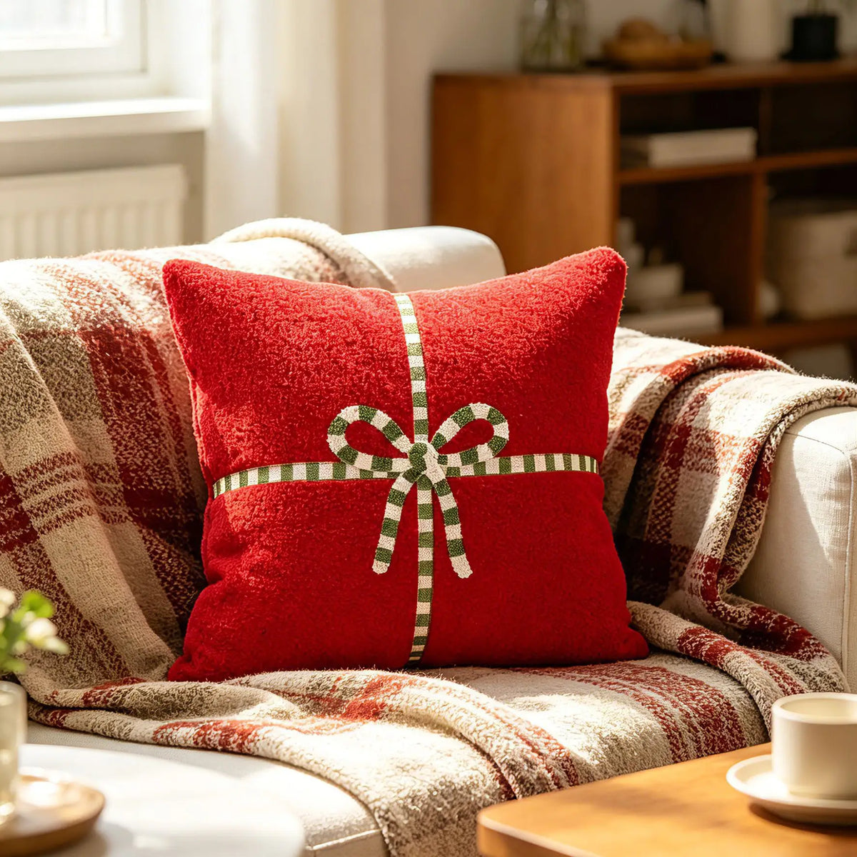 coussin carré noël brodé rouge blanc texture bouclée festif décoration intérieure polyester 45x45cm