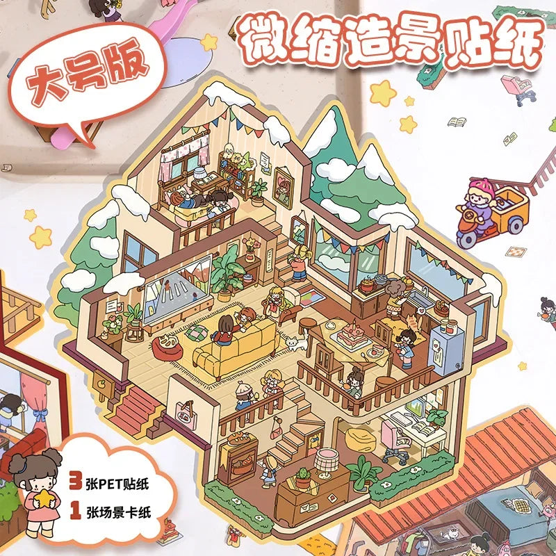 miniature maison multicolore adhésive cartoon personnages meubles accessoires bricolage enfant cadeau gratuit pincettes