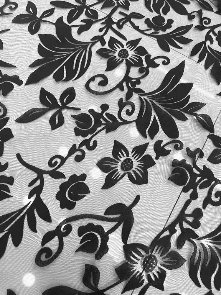 tissu tulle noir transparent feuilles fleurs points modernes élégants respirant 150cm galerie décoration