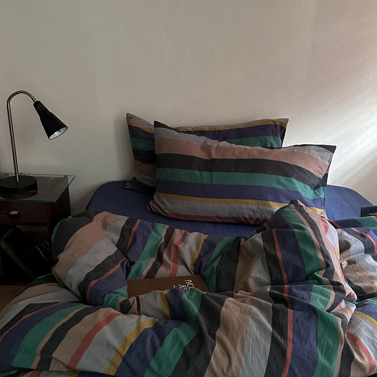 housse couette coton rayées moderne bleu vert gris taies d'oreiller incluses