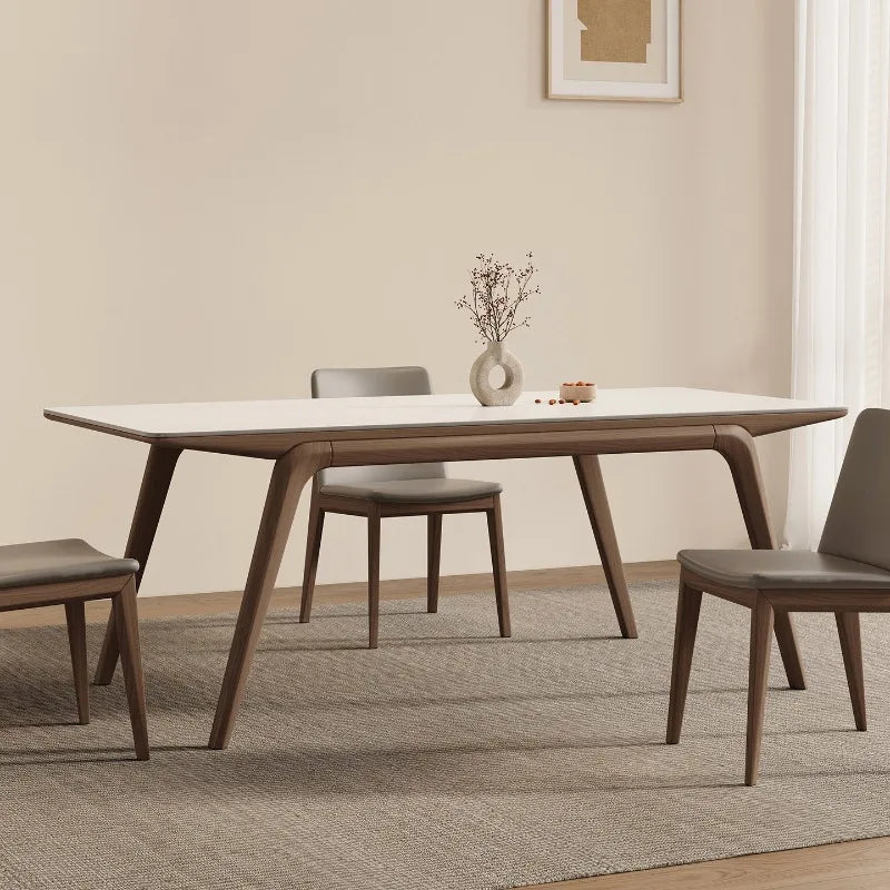 table manger moderne rectangle plateau blanc structure bois chaises gris decoration minimaliste blanc bois
