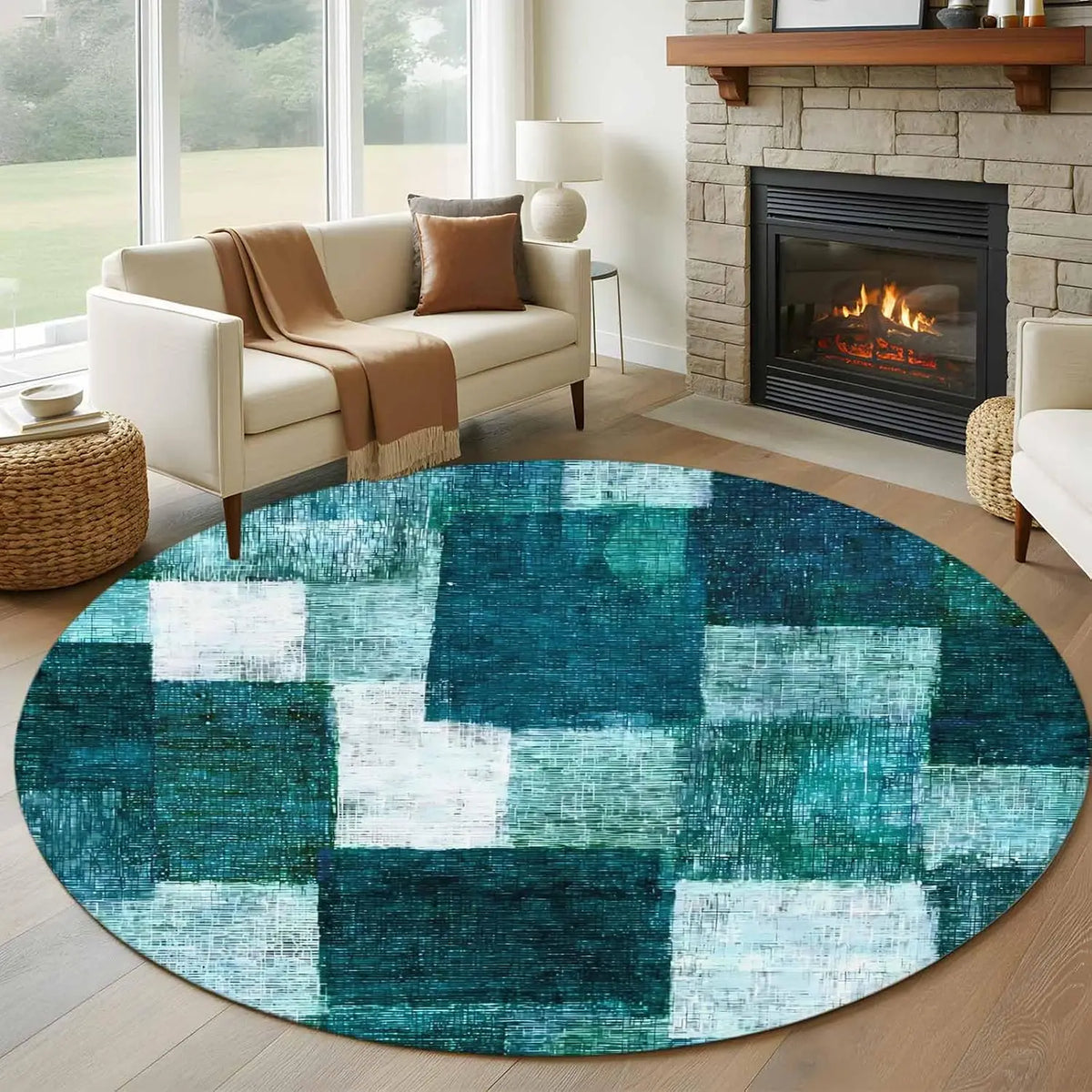 tapis rond moderne carrés géométriques antidérapant polypropylène 80cm 120cm chambre salon