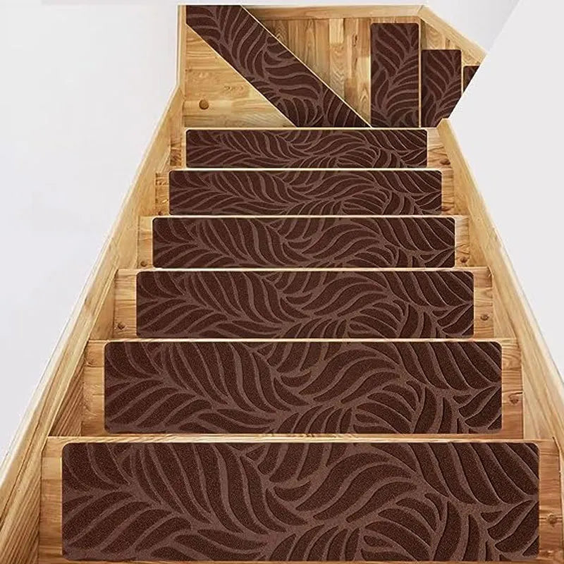 tapis d'escalier gris motif feuilles antidérapant autoadhésif intérieur 76x20cm polyester PVC