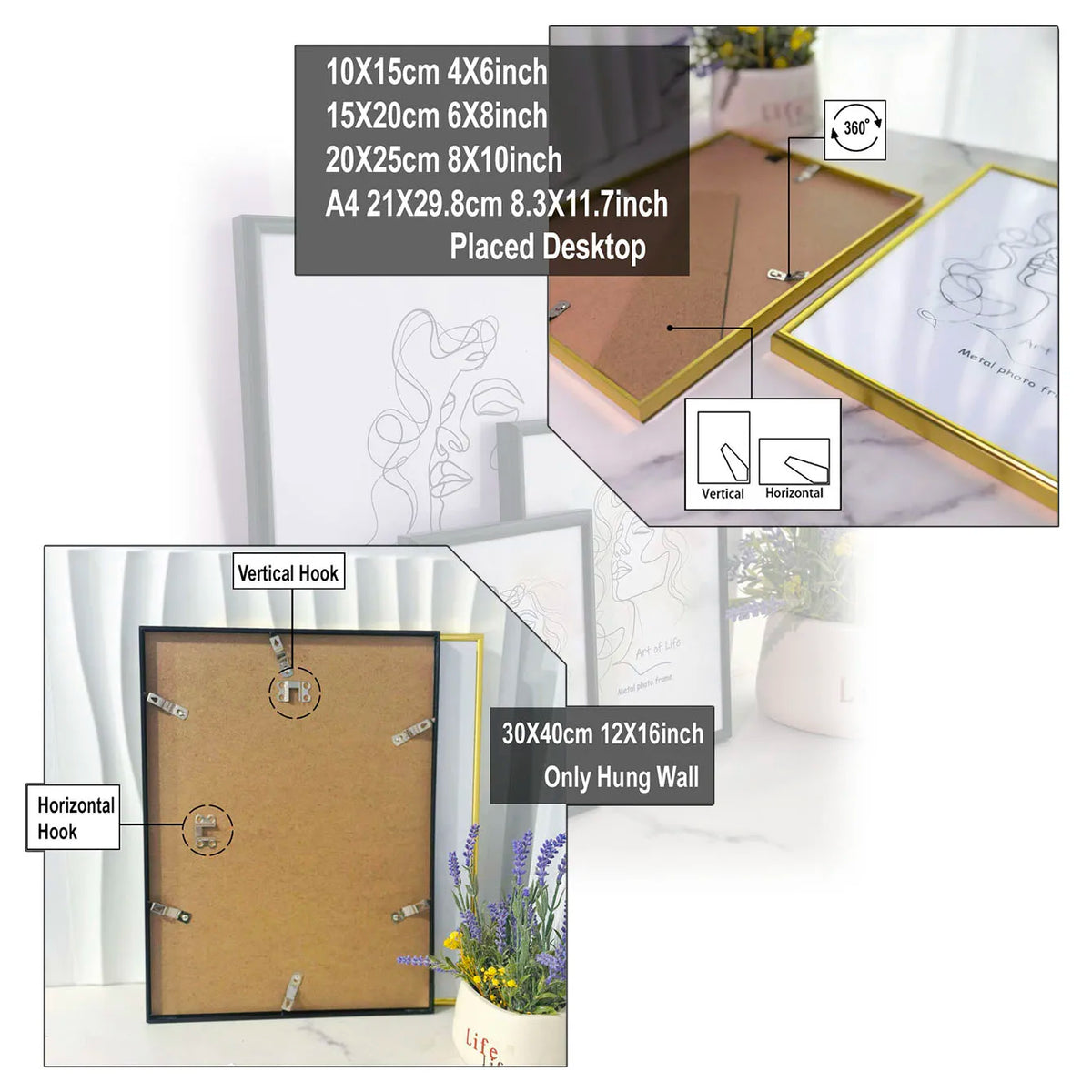 cadre photo contemporain or noir argent transparent abstraits 10x15cm 15x20cm 20x25cm a4 30x40cm
