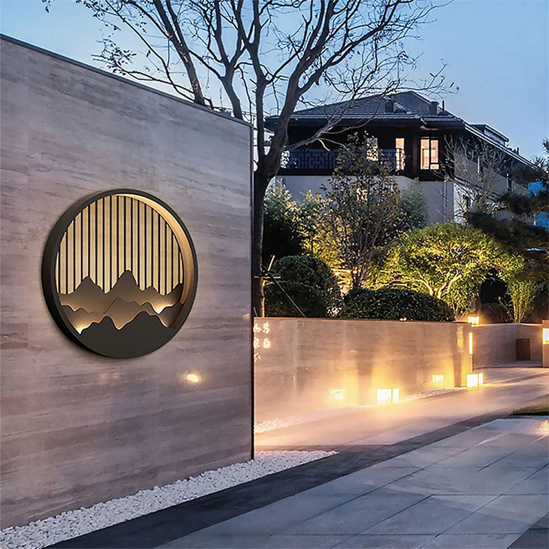 applique murale led noir doré contemporaine ip65 acier inoxydable minimaliste montagnes stylisees