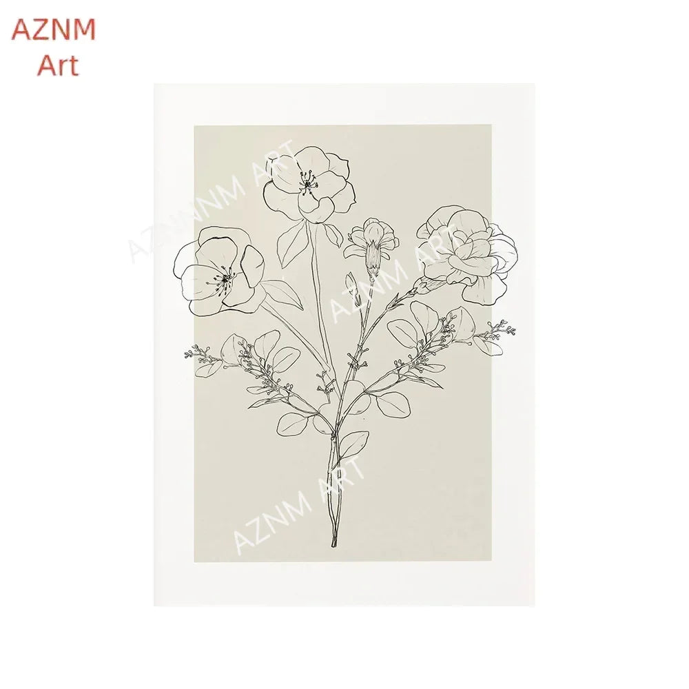 affiches art minimalistes toile simples dessins floraux noir beige clair cadres bois chambre salon